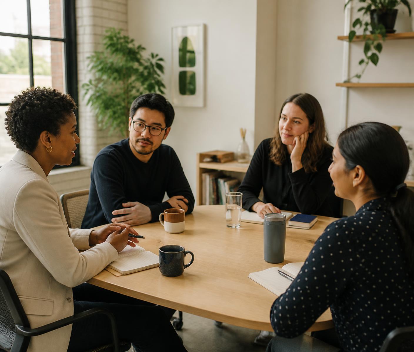 Four colleagues seated around a table in a bright office, in the middle of an open discussion